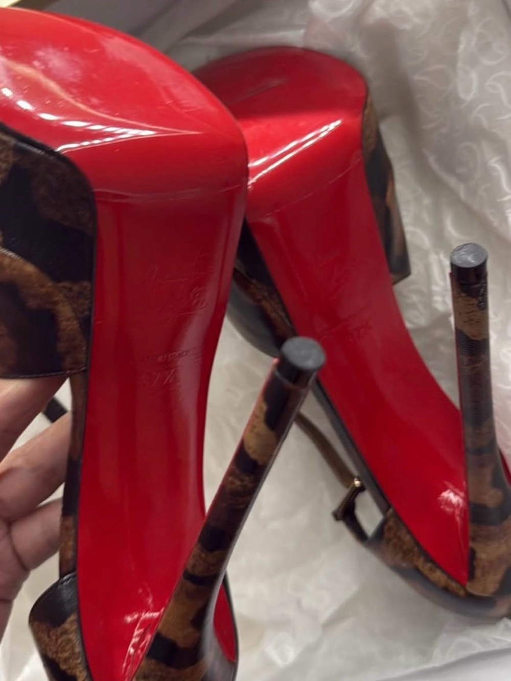 Christian Louboutin Red Patent Stiletto Heels with Brown Patterned Accents